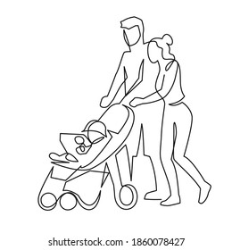 Continuous one line drawing of mom and dad with a toddler in a stroller drawn by hand vector illustration. Husband and wife with a baby on a walk. The young married couple walks with the wheelchair