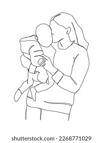 Continuous one line drawing of mom holding baby. Vector illustration.