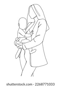 Continuous one line drawing of mom holding baby. Vector illustration.