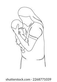 Continuous one line drawing of mom holding baby. Vector illustration.