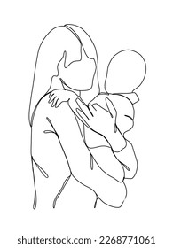 Dibujo continuo de una línea de mamá sosteniendo a su bebé. Ilustración vectorial.