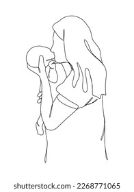 Continuous one line drawing of mom holding baby. Vector illustration.