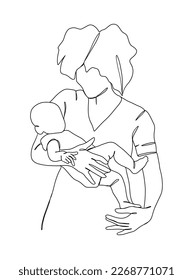 Kontinuierliche Zeichnung einer Mutter, die ein Baby hält. Vektorgrafik.