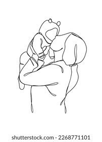 Continuous one line drawing of mom holding baby. Vector illustration.