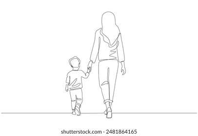 Continuous one line drawing of mom andson holding hands and walking together, single mom and parenting concept, single line art.