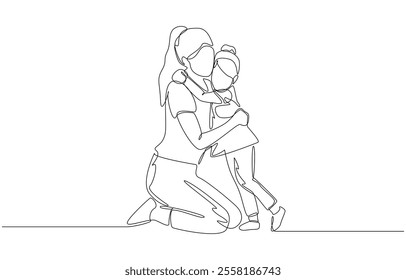 Continuous one line drawing of mom and little daughter hugging each other tightly, bond between mother and daughter, happy parenting concept, single line art