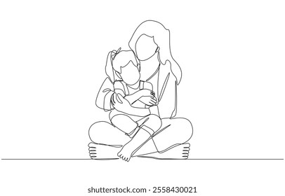 Continuous one line drawing of mom hugging little daughter on her lap, happy mother and daughter, raising children concept, single line art