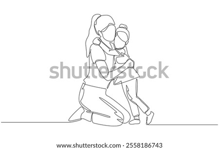 Continuous one line drawing of mom and little daughter hugging each other tightly, bond between mother and daughter, happy parenting concept, single line art
