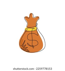 Icono vectorial de una línea de dibujo de bolsa de dinero, ilustración de caricatura simple plana con cuerda de dibujo negra y signo de dólar aislado en fondo blanco. Gráfico vectorial de diseño de trazos de línea única