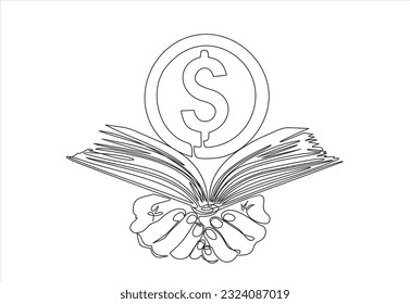 continuo giro de una línea de moneda en dólares y libro abierto. Información valiosa. Se puede usar para logotipo, emblema, presentación de diapositivas y banner.