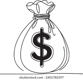 Continuous one line drawing of money bag. Money storage and investment single Line art. Vector illustration