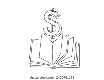 continuous one line drawing of money coin dollar  and open book. Valuable information. Can used for logo, emblem, slide show and banner.