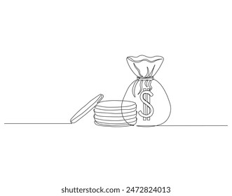 Dibujo continuo de una línea de la bolsa de dinero. Ilustración de dibujo de una línea de bolsa de dinero. Icono de negocio. Concepto de ahorro de dinero arte de línea continua.