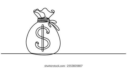 Continuous one line drawing of money bag. Money storage and investment single Line art. Saving, Investment and finance bank concept, A continuous line drawing of a money bag containing a dollar coin.
