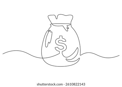 Continuous one line drawing of Money bag. Single line drawing illustration of Dollar money bag storage. Finance concept vector art. Doodle line illustration.