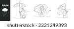 Continuous one line drawing monsoon season equipment set concept. Happy businesswoman using umbrella in the rain. Single line draw design vector graphic illustration.