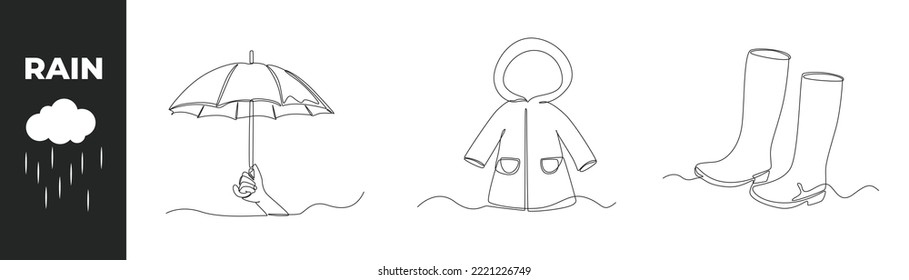 Continuous one line drawing monsoon season equipment set concept. Umbrella, rain coat costume and boots. Single line draw design vector graphic illustration.