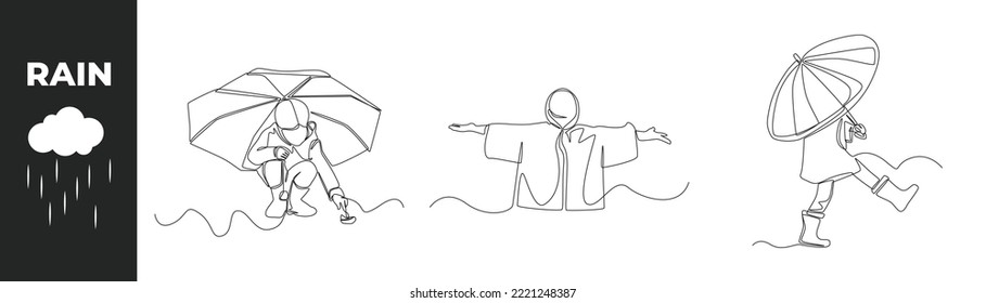 Continuous one line drawing monsoon season equipment set concept. Happy boy using umbrella and rain coat at rainy. Single line draw design vector graphic illustration.