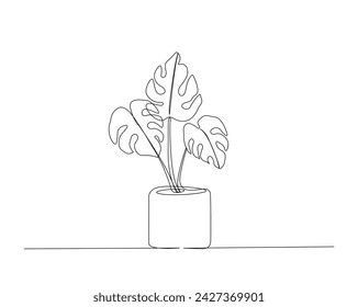Continuous one line drawing of monstera plant. Philodendron Monstera in a pot single outline vector illustration. Editable stroke.