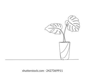 Continuous one line drawing of monstera plant. Philodendron Monstera in a pot single outline vector illustration. Editable stroke.