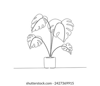Continuous one line drawing of monstera plant. Philodendron Monstera in a pot single outline vector illustration. Editable stroke.