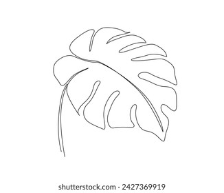 Continuous one line drawing of monstera leaf. Philodendron Monstera leaf single outline vector illustration. Editable stroke.