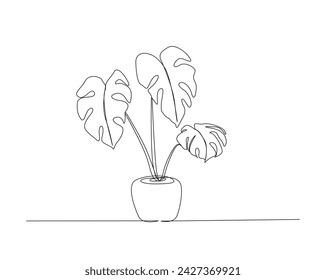 Continuous one line drawing of monstera plant. Philodendron Monstera in a pot single outline vector illustration. Editable stroke.