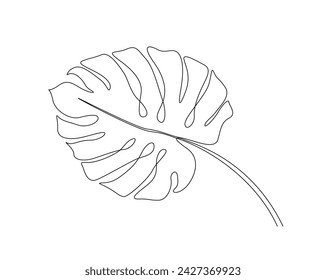 Continuous one line drawing of monstera leaf. Philodendron Monstera leaf single outline vector illustration. Editable stroke.