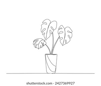 Continuous one line drawing of monstera plant. Philodendron Monstera in a pot single outline vector illustration. Editable stroke.