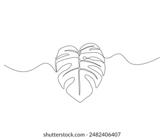 Continuous one line drawing of monstera leaf. One line drawing illustration of philodendron Monstera leaf. Foliage concept line art. Editable outline.