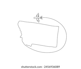 Continuous one line drawing of Montana map with airplane. Montana - America map combined with airplane simple outline vector illustration. Editable stroke.