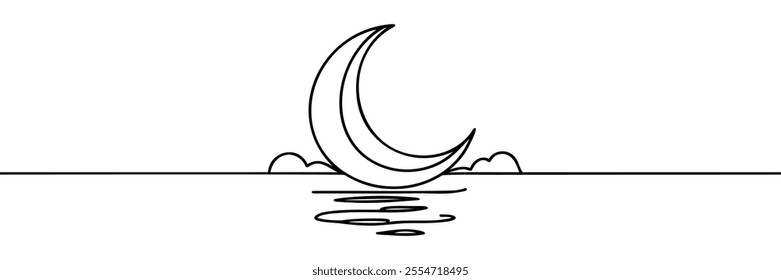 Continuous one line drawing. moon, sea, Vector illustration