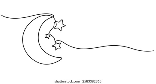 Continuous one line drawing of moon icon. Crescent moon for Ramadan isolated on white background outline vector art illustration, Continuous one line drawing of moon icon. Crescent moon for Ramadan.