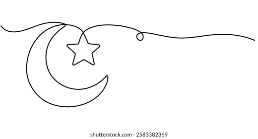 Continuous one line drawing of moon icon. Crescent moon for Ramadan isolated on white background outline vector art illustration, Continuous one line drawing of moon icon. Crescent moon for Ramadan.