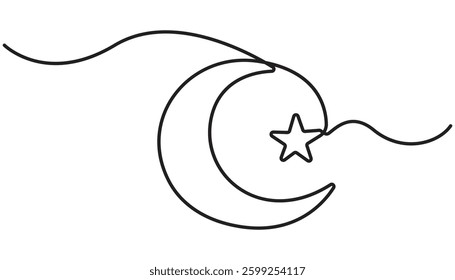 Continuous one line drawing of Moon and star outline vector illustration simple