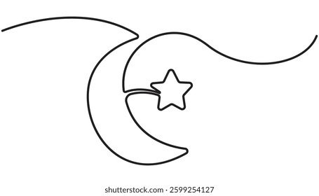 Continuous one line drawing of Moon and star outline vector illustration simple