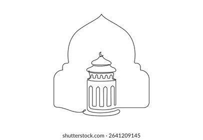 Continuous one line drawing of moon and mosque. Islamic new year concept. Muharram line art vector minimalist design. Islamic ornament white background vector illustration.