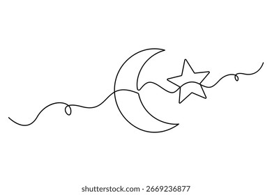 Desenho contínuo de uma linha da Lua e ilustração do vetor do contorno da estrela
