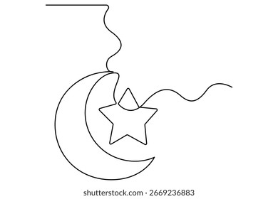 Kontinuierliche einzeilige Zeichnung von Mond und Sternumriss, Vektorgrafik
