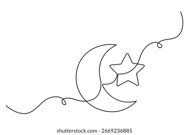 Desenho contínuo de uma linha da Lua e ilustração do vetor do contorno da estrela
