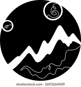 Continuous one line drawing Moon against a high mountain. Mountain landscape. Linear icon. Line art.One continuous line isolated illustration.Not AI.