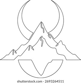 Continuous one line drawing Moon against a high mountain. Mountain landscape. Linear icon. Line art.One continuous line isolated illustration.Not AI.