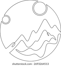 Uma linha contínua desenhando a Lua contra uma montanha alta. Paisagem de montanha. Ícone linear. Linha art.One linha contínua isolada ilustration.Not AI.