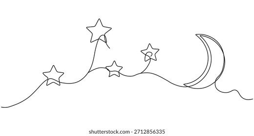 Continuous one line drawing of moon and stars, night sky, black line art on white background. Moon and stars vector.