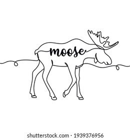 Continuous one line drawing of moose. Minimal style. Perfect for cards, party invitations, posters, stickers, clothing. Wild animal concept