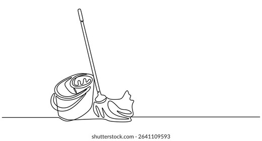 Continuous one line drawing of mop and bucket. Cleaning concept. Simple vector illustration, Single line draw design vector graphic illustration. Cleaning tools one line colored continuous drawing. 