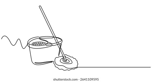 Continuous one line drawing of mop and bucket. Cleaning concept. Simple vector illustration, Single line draw design vector graphic illustration. Cleaning tools one line colored continuous drawing. 