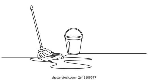 Continuous one line drawing of mop and bucket. Cleaning concept. Simple vector illustration, Single line draw design vector graphic illustration. Cleaning tools one line colored continuous drawing. 