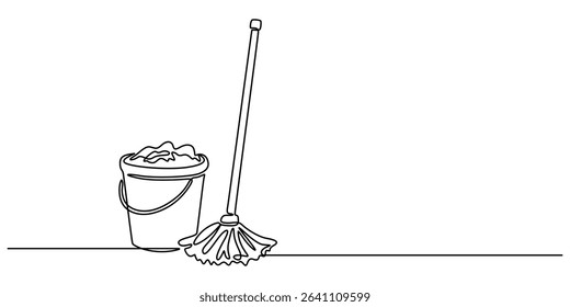 Continuous one line drawing of mop and bucket. Cleaning concept. Simple vector illustration, Single line draw design vector graphic illustration. Cleaning tools one line colored continuous drawing. 