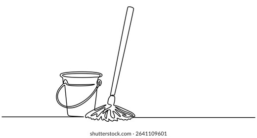 Continuous one line drawing of mop and bucket. Cleaning concept. Simple vector illustration, Single line draw design vector graphic illustration. Cleaning tools one line colored continuous drawing. 
